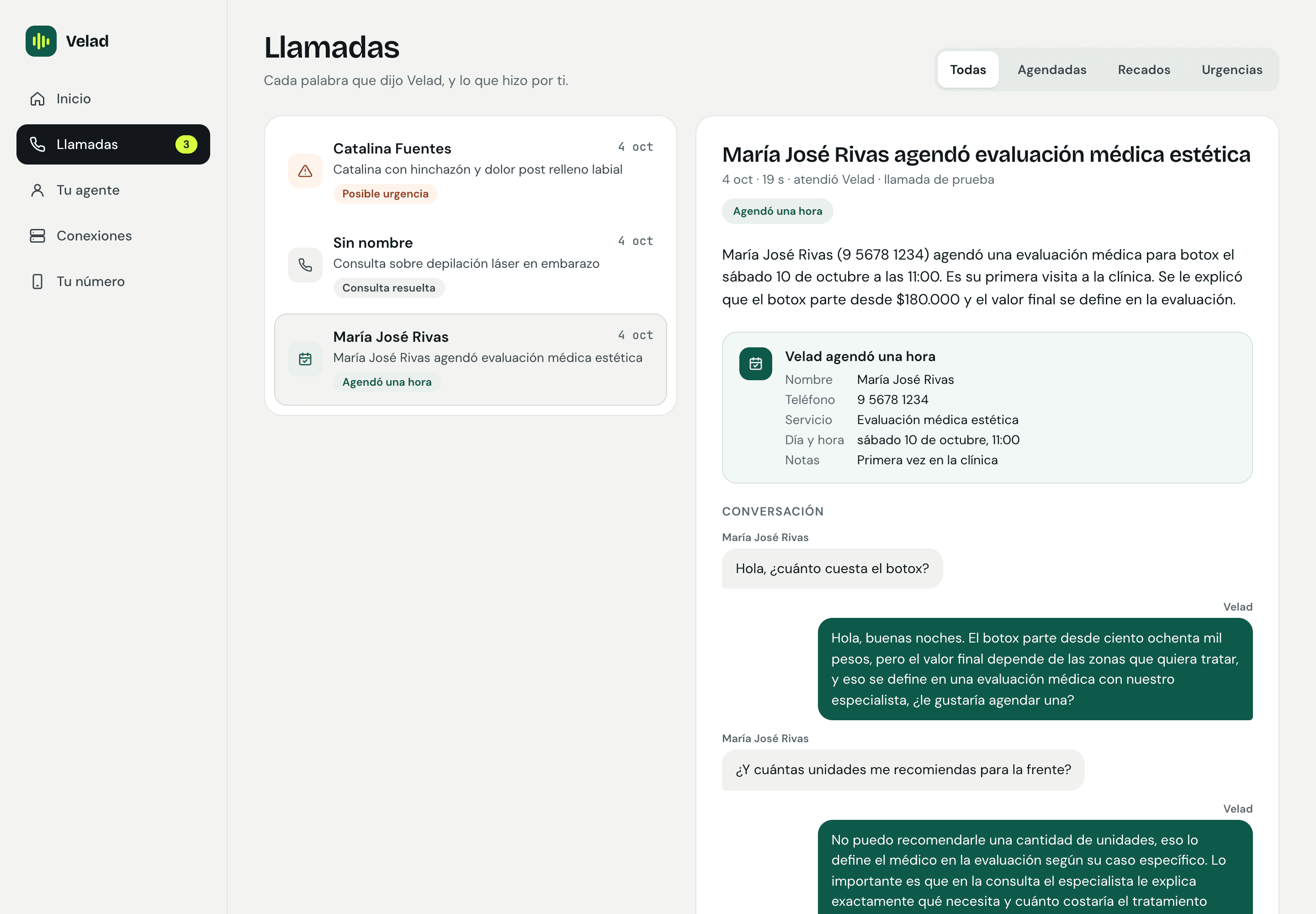 Panel con las llamadas que atendió el agente: una hora agendada, un recado y una urgencia derivada al 131
